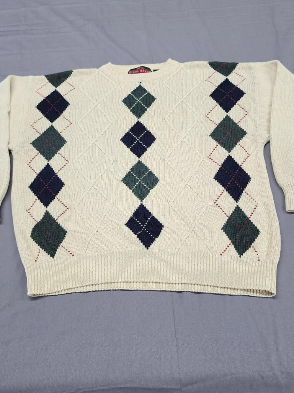 Stone Haven Men's XL Cream Argyle Crew Neck Pullover Sweater Ramie Cotton Knit